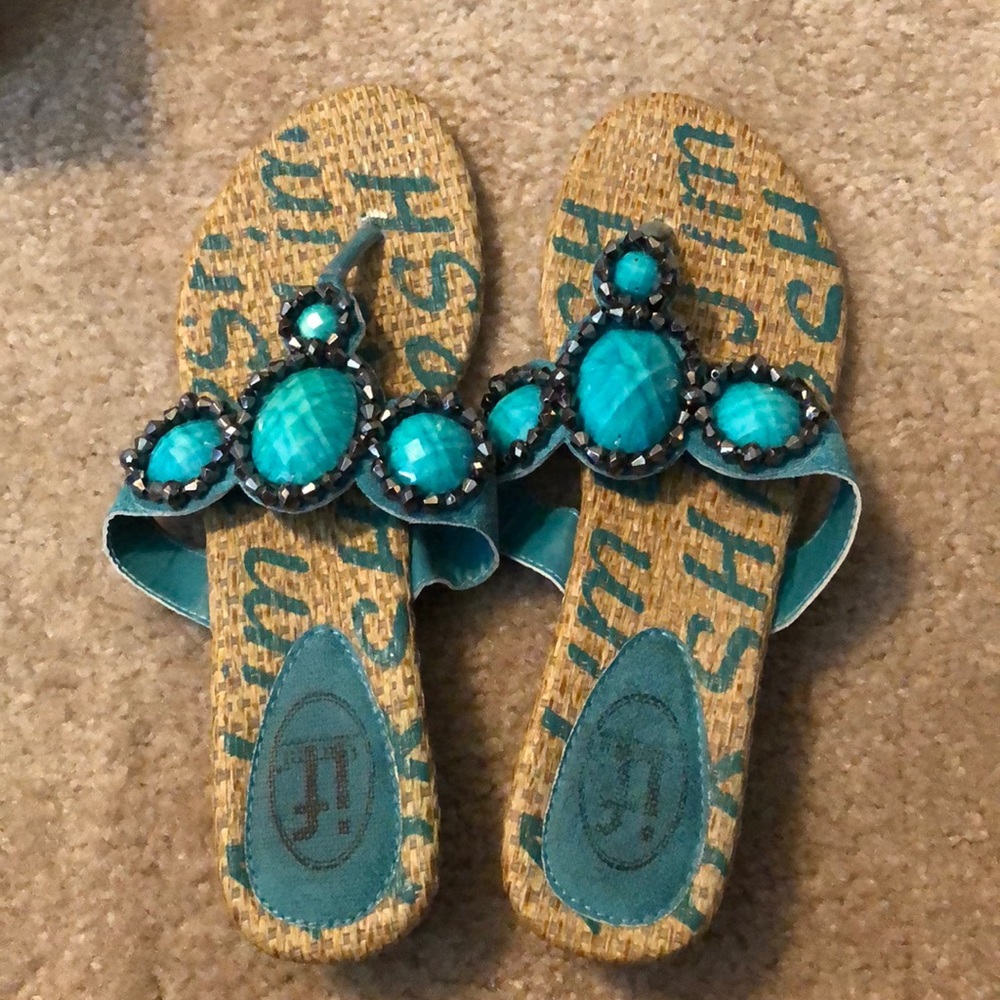 Turquoise flip flop sandals - 1 inch wedge- size 9